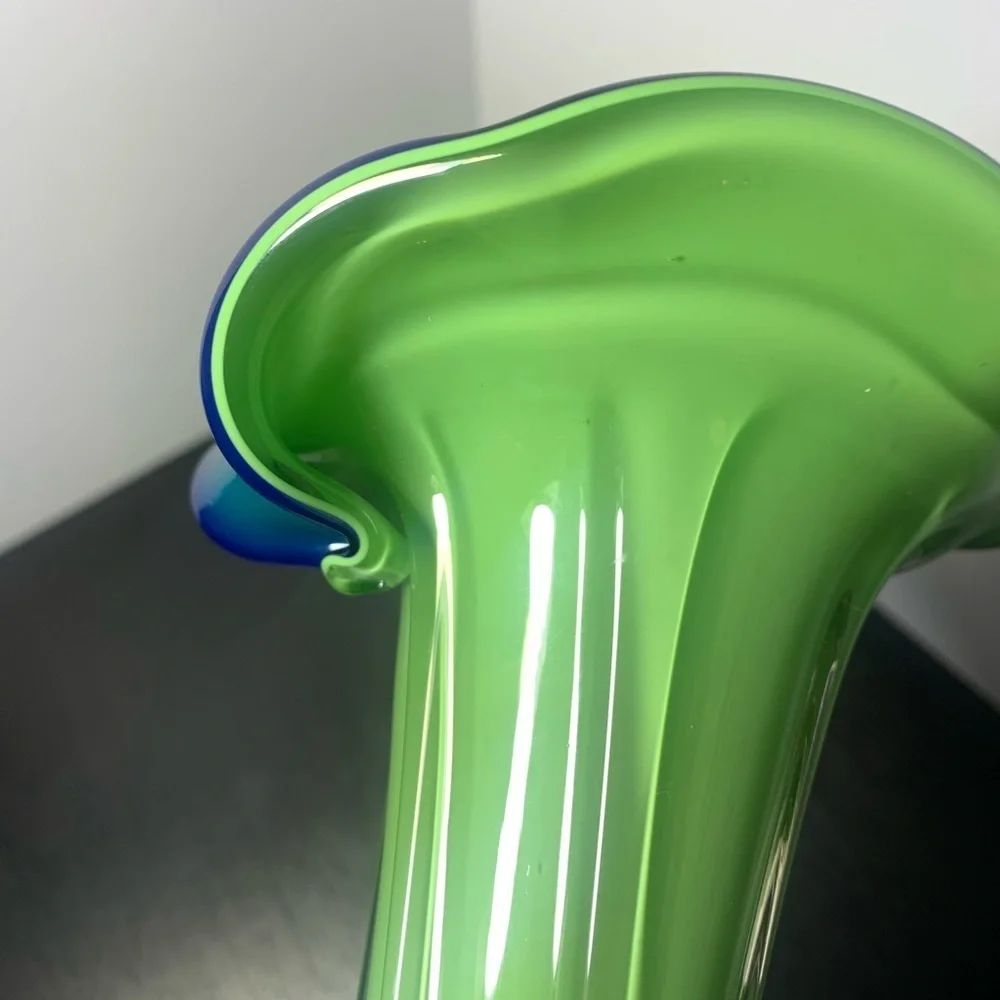 Hand Blown Murano Styled Art Glass Trumpet Tulip Vase Lime Green Blue